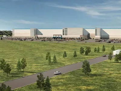 Rendition of the Amazon fulfillment center on the Michigan State Fairgrounds in Detroit.