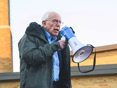 Sen. Bernie Sanders addresses supporters outside Lincoln High School in Warren.