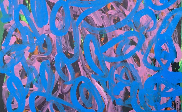 Julieann Dombrowski, “Abstract Blue Over Pink and Green,” acrylic on paper, 22×30 in., 2023.