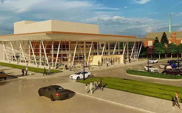 A rendering of the proposed A. Paul and Carol C. Schaap Center for the Performing Arts along the Detroit and Grosse Pointe Park border.
