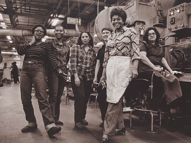 "Press Operators, GM Fisher Body Trim Plant, Fort Street, Detroit Michigan," 1982, Russ Marshall, American; gelatin silver print.