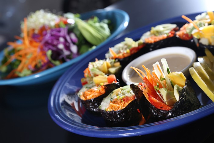 Nori roll, front, with house salad from Try It Raw in Birmingham. - Photo by Rob Widdis.