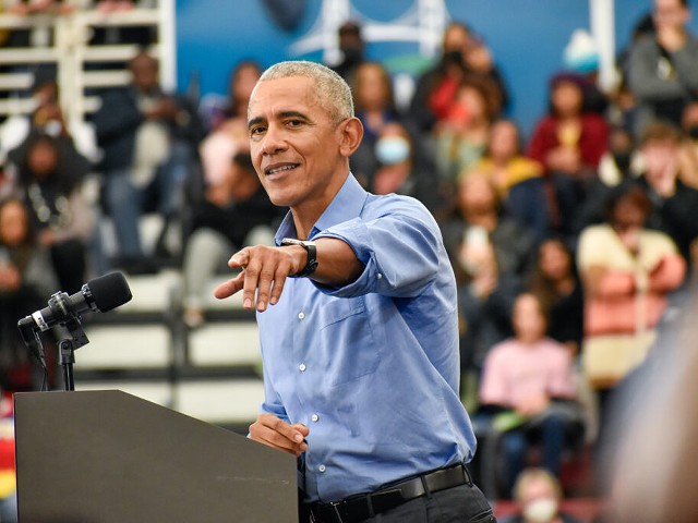 Former President Barack Obama speaks at a rally with Gov. Gretchen Whitmer and other Michigan Democrats in Detroit on Oct. 29, 2022.