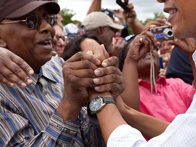 President Obama works the crowd after his Labor Day address in Detroit.