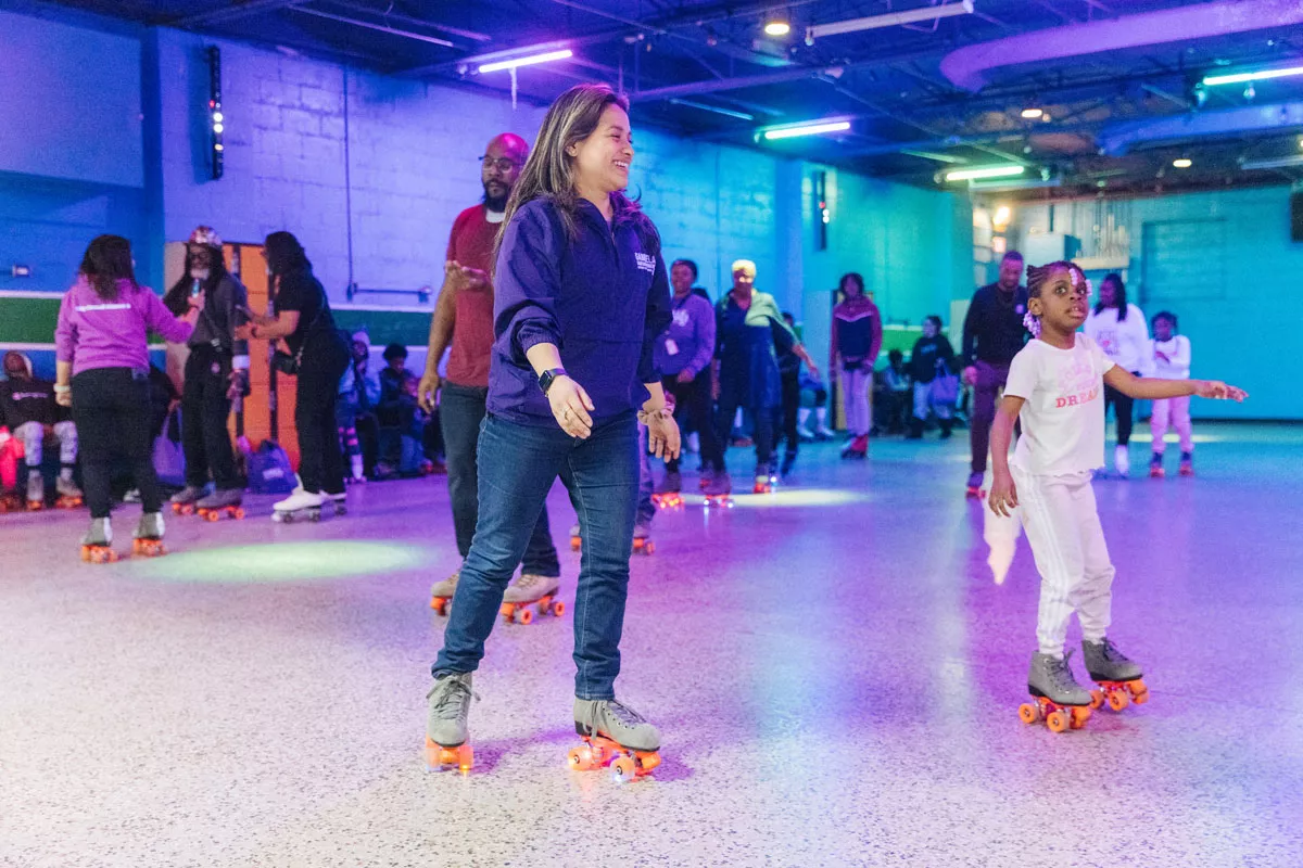 Image: Detroit City Council Member Gabriela Santiago-Romero enjoys some skating during a campaign event at RollerCade.