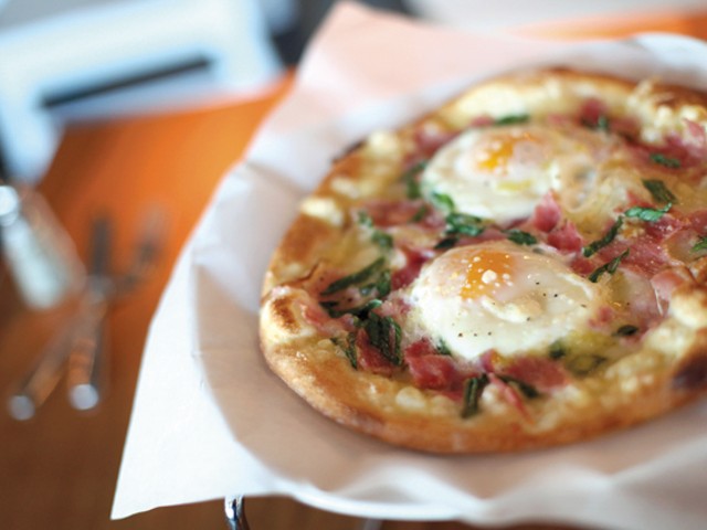The ham-and-cheese breakfast pizza from Crispelli's Bakery &amp; Pizzeria in Berkley.<
