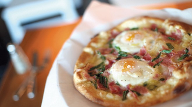 The ham-and-cheese breakfast pizza from Crispelli's Bakery &amp; Pizzeria in Berkley.<