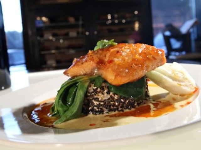 California Salmon with cherry chili glaze, baby bok choy on a rice cake, from Panache 447 in Plymouth.