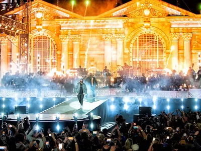 Eminem performs at a concert to commemorate the new Michigan Central.