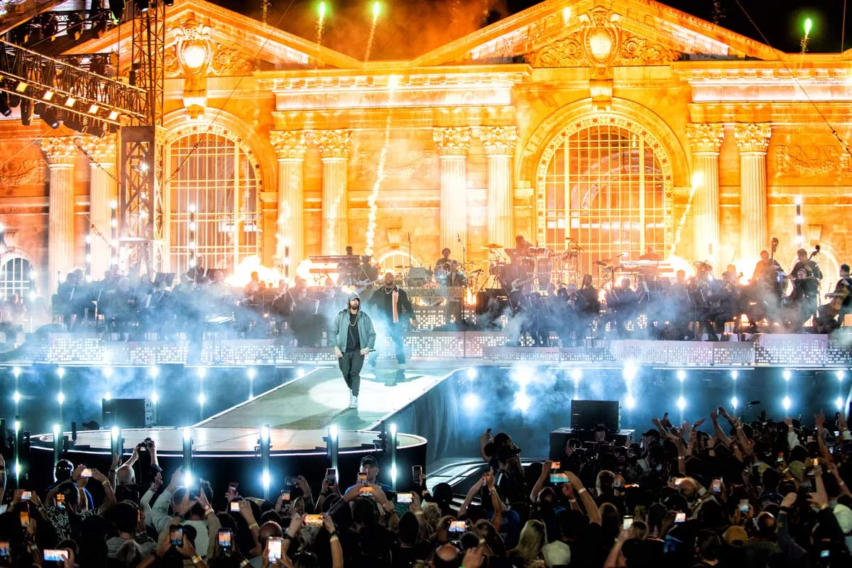 Image: Eminem performs at a concert to commemorate the new Michigan Central.