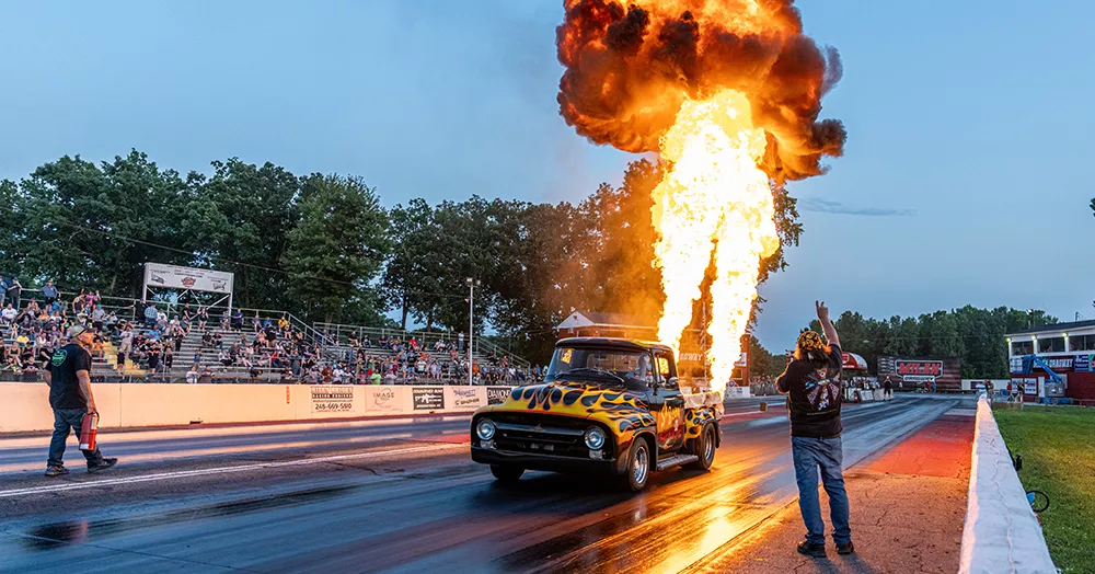 Milan Dragway recently hosted an event called “Night of Fire,” where pyromaniac drivers make a show of blasting massive, crowd-pleasing fireballs.