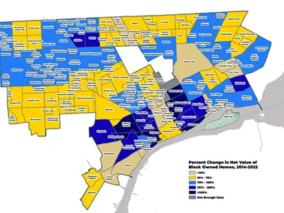 A map shows the percent change in new value of Black-owned homes in Detroit from 2014-2022.