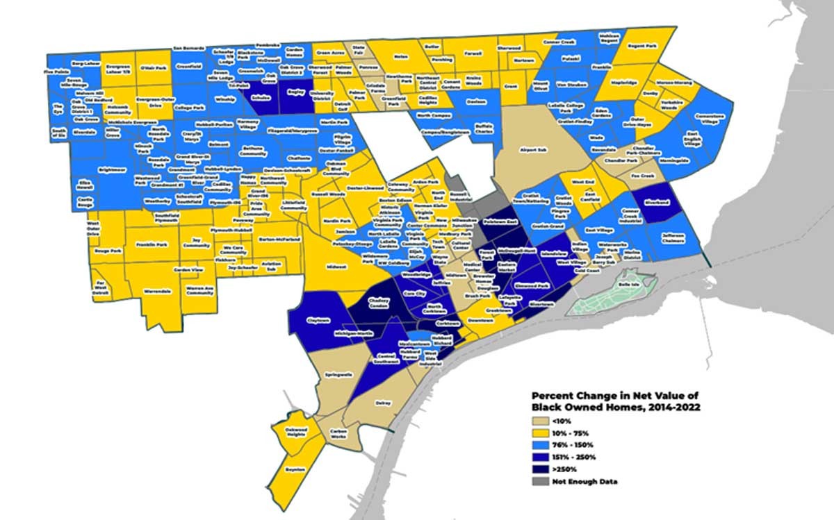 A map shows the percent change in new value of Black-owned homes in Detroit from 2014-2022.
