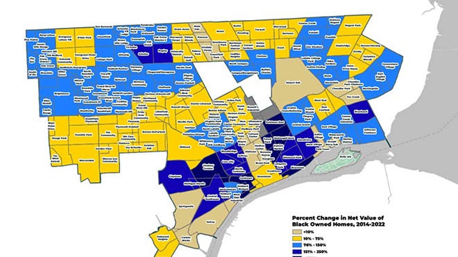 A map shows the percent change in new value of Black-owned homes in Detroit from 2014-2022.