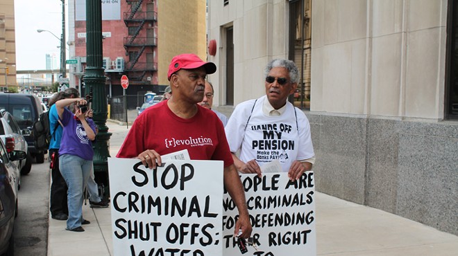 A coalition of groups rally outside of the Detroit Water & Sewerage Department's main office at 735 W. Randolph in downtown Detroit on Friday, June 6. The demonstrators were protesting efforts to shut off water service to residential customers with $150 or more in outstanding debt.