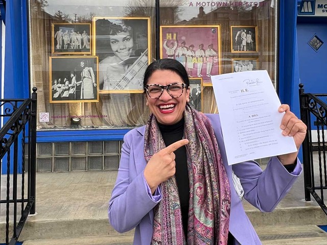 U.S. Rep. Rashida Tlaib celebrates the Living Wage for Musicians Act outside of Detroit’s Motown Museum.