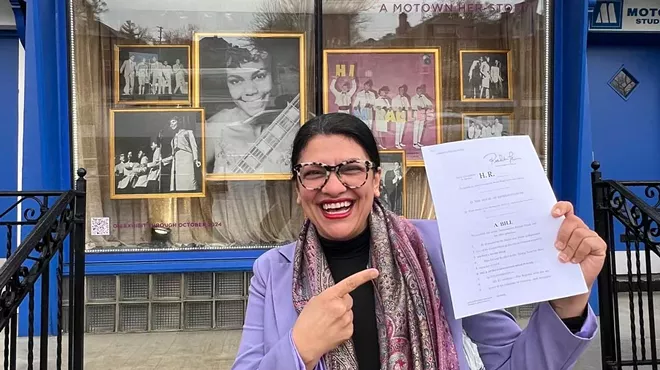 U.S. Rep. Rashida Tlaib celebrates the Living Wage for Musicians Act outside of Detroit’s Motown Museum.