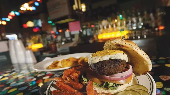 Black 'n Blue Burger with sweet potato fries and a side of mac 'n' cheese, from PJ's Lager House in Detroit.
