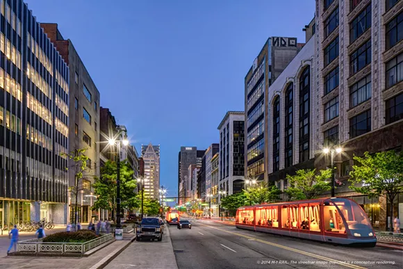 Rendering of the M-1 Rail streetcar project, which will include a 3.3-mile line between Grand Boulevard and Larned. - Courtesy of M-1 Rail
