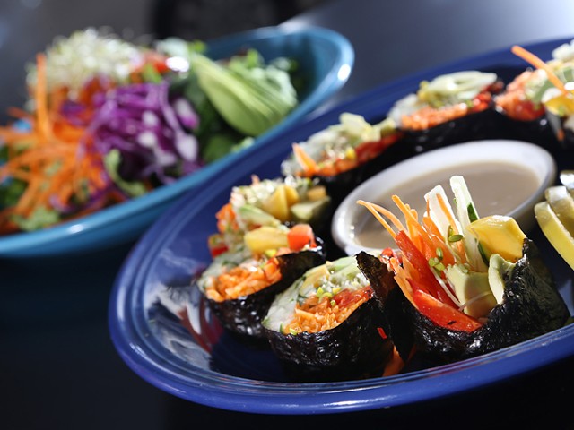 Nori roll, front, with house salad from Try It Raw in Birmingham.