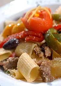 Rigatoni tossed with Italian sweet sausage, kalamata olives, roma tomatoes and spinach from La Dolce Vita in Detroit. - Metro Times Photo/Rob Widdis
