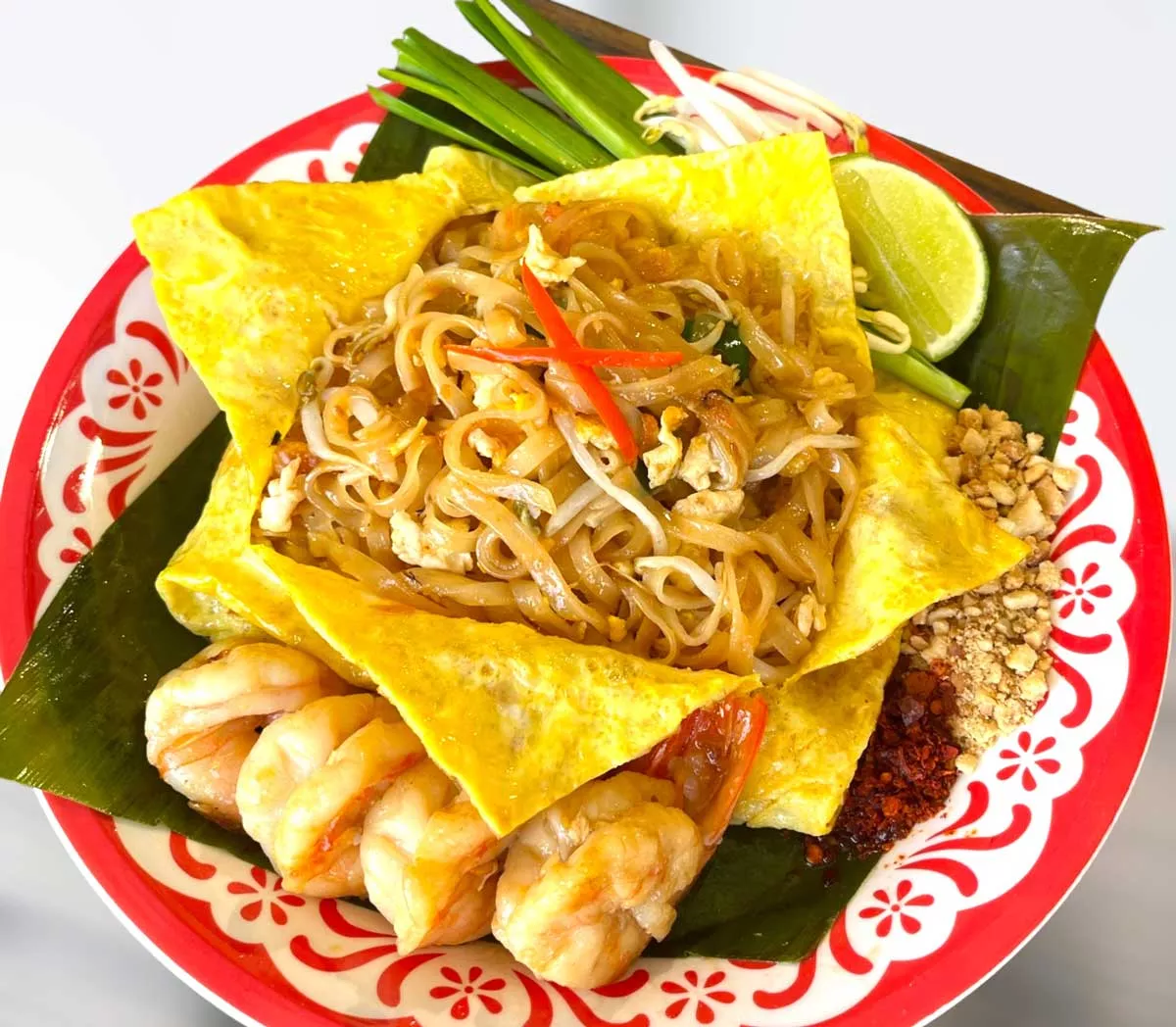 Image: Pad Thai Shrimp from Royal Oak’s Kacha Thai Market served wrapped in Thai-style omelet.