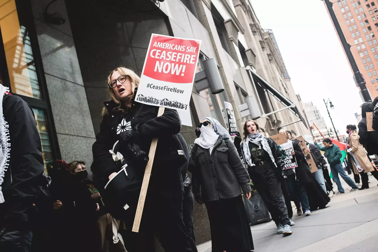 Image: Shut it Down for Palestine protest outside of Debbie Stabenow's office calls for a 'Ceasefire Now'