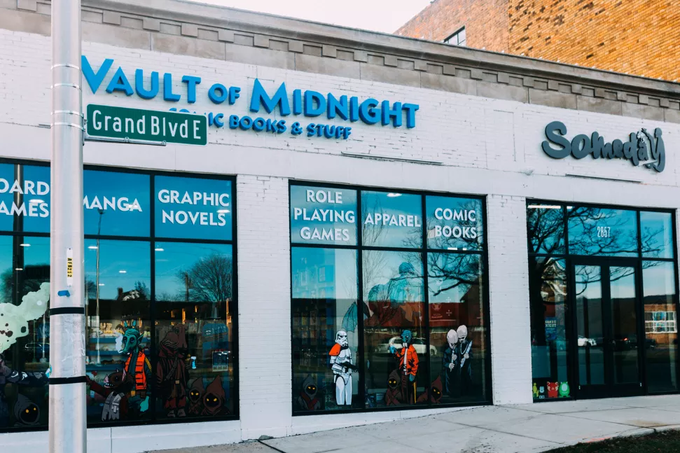 Someday's storefront next to Vault of Midnight on E. Grand Blvd.