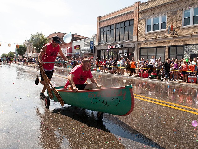 The Hamtramck Yacht Club Canoe Race sees onlookers pelt wheel-driven “canoes” with water balloons.