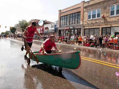 The Hamtramck Yacht Club Canoe Race sees onlookers pelt wheel-driven “canoes” with water balloons.