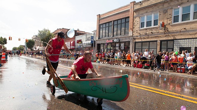 The Hamtramck Yacht Club Canoe Race sees onlookers pelt wheel-driven “canoes” with water balloons.