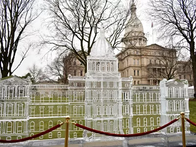 An ice sculpture of the Michigan Capitol Building in downtown Lansing on Michigan’s Inauguration Day on Jan. 1, 2023.