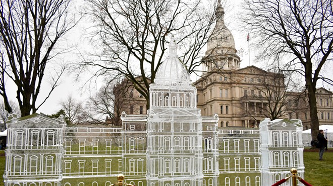 An ice sculpture of the Michigan Capitol Building in downtown Lansing on Michigan’s Inauguration Day on Jan. 1, 2023.