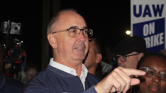 The UAW strike begins and UAW President Shawn Fain talks to picketing workers at Ford-owned Michigan Assembly Plant in Wayne, Michigan the night of September 14, 2023.