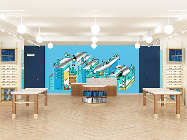 Warby Parker's new retail location at Twelve Oaks Mall features a mural by artist Rose Wong.