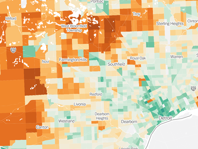 Green represents emissions lower than the national average while orange areas have higher than average levels.