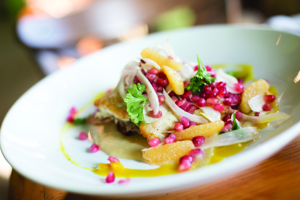 Image: Lake Superior whitefish, with parsnip, pomegranate, fennel, orange, and agrodolce from Chartreuse in Detroit.