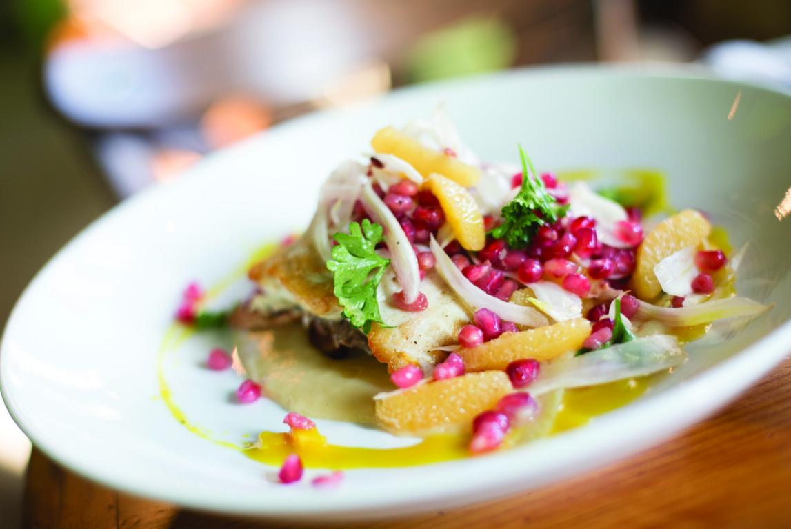 Lake Superior whitefish, with parsnip, pomegranate, fennel, orange, and agrodolce from Chartreuse in Detroit.