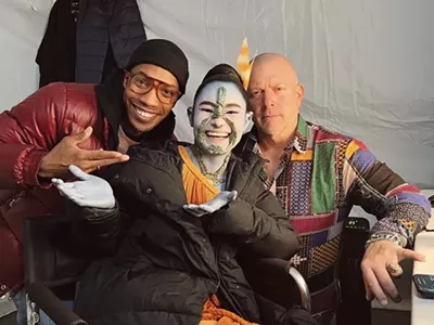 AJ Crimson (left) worked on the makeup for Namora, played by actress Mabel Cadena (center) in Black Panther: Wakanda Forever.