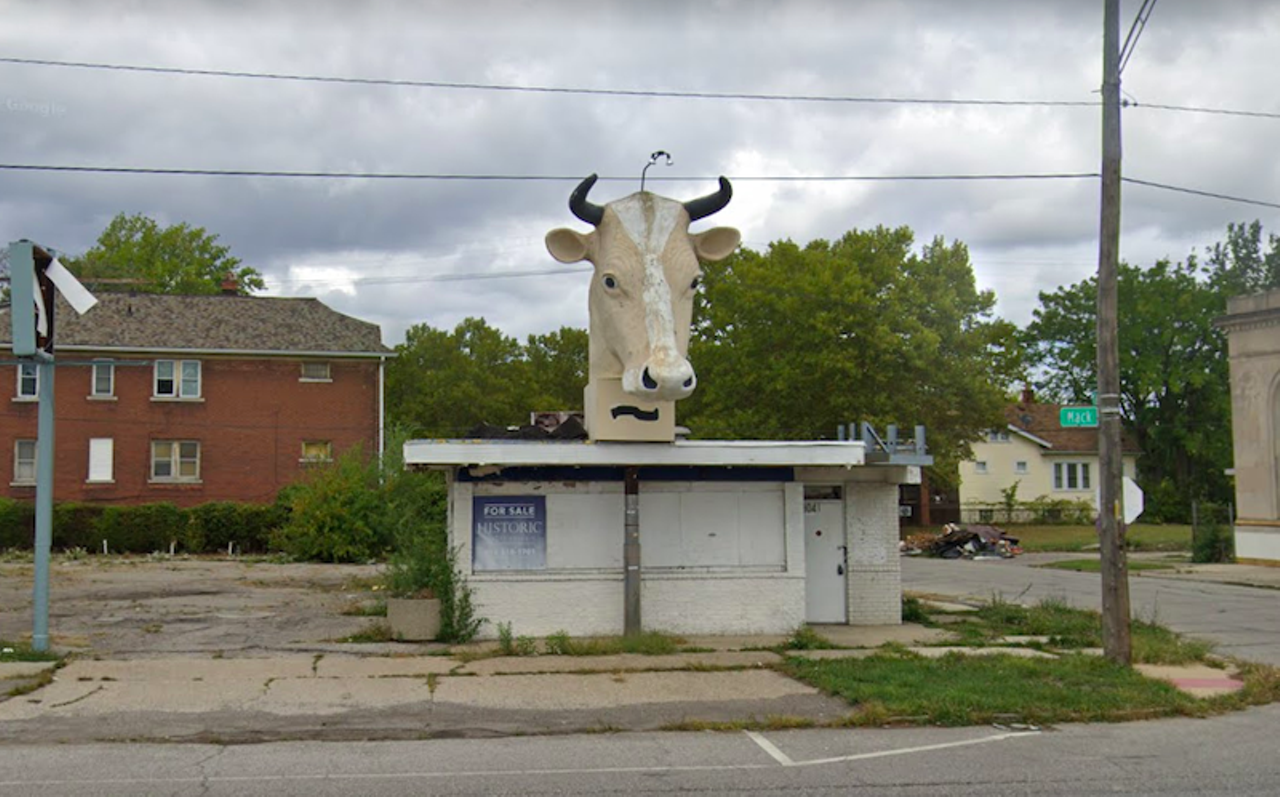 In real life: Ira Wilson and Sons Dairy
13037 Mack Ave., Detroit
Well, that cow head is still on Detroit’s Eastside — sans paintball marks. The property is the former Ira Wilson & Sons Dairy shop. The store, which used the giant cow head as a marketing gimmick, was only open for less than a decade and closed in 1960 before becoming Dairy Ann, C&P Ice Cream, and, its final incarnation, a barbecue joint.