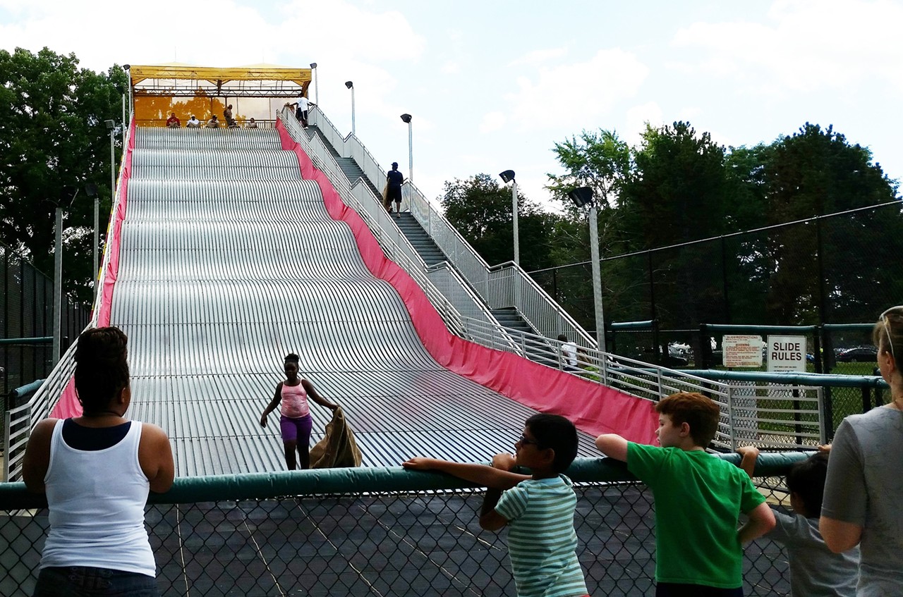 Riding the giant slide at Belle Isle.
We loved the giant slide as kids, but this new slide is out of control.
