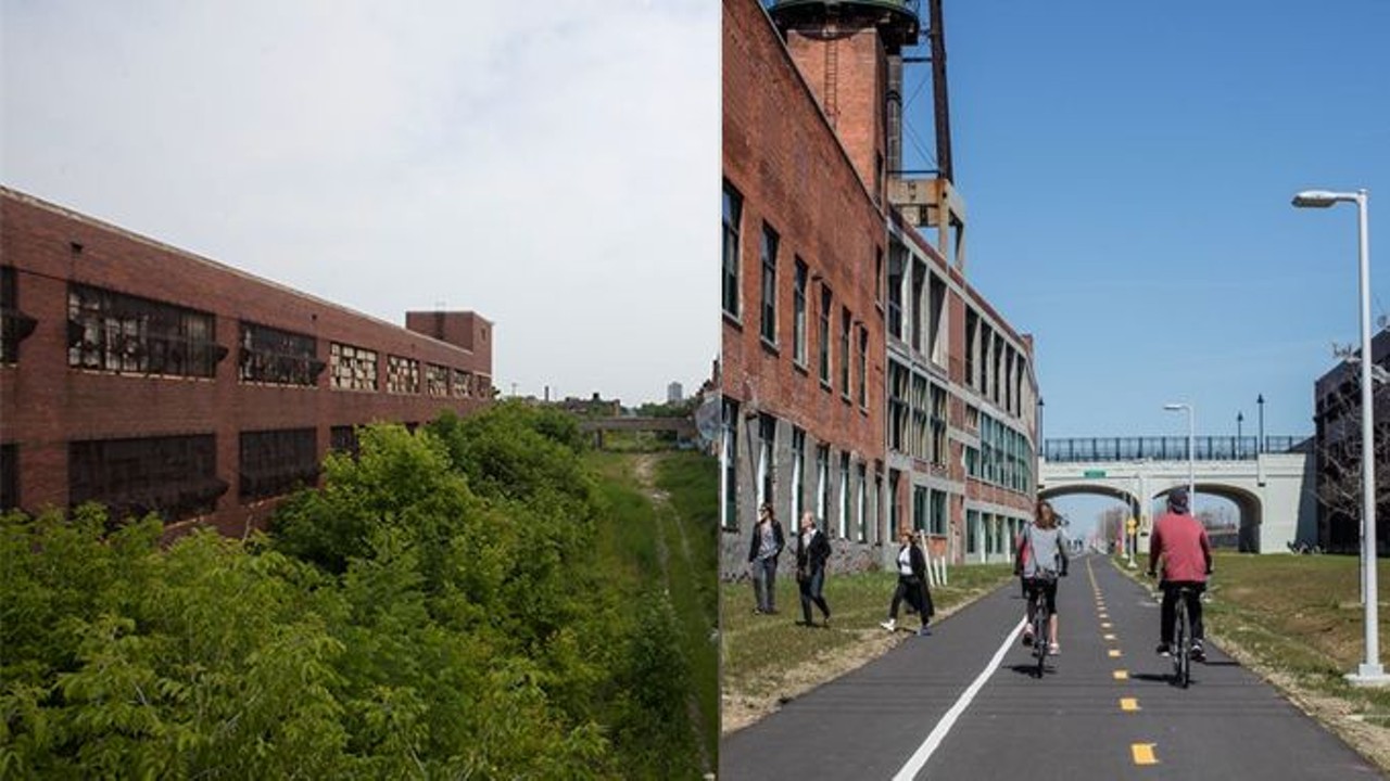 Dequindre Cut 
2008 and 2016
Formerly a trench left behind by a rail line that connected industries to the riverfront, the Dequindre Cut is an urban greenway that stretches two and a half miles between Gratiot Avenue and Atwater Street. The original two-mile stretch opened in 2009, an additional half-mile was added in 2016 to connect the original path to Eastern Market.
Photo via Metro Times  
Photo via Curbed Detroit 