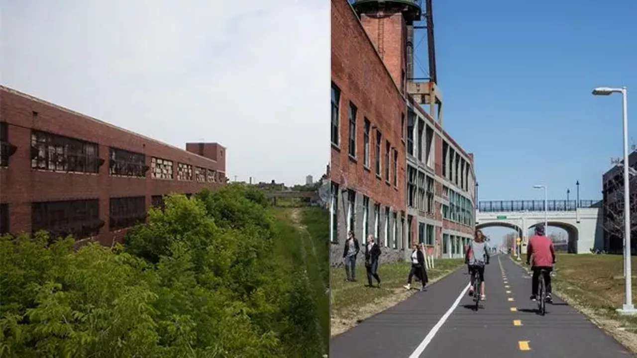 Dequindre Cut 2008 and 2016 Formerly a trench left behind by a rail line that connected industries to the riverfront, the Dequindre Cut is an urban greenway that stretches two and a half miles between Gratiot Avenue and Atwater Street. The original two-mile stretch opened in 2009, an additional half-mile was added in 2016 to connect the original path to Eastern Market. Photo via Metro Times Photo via Curbed Detroit 