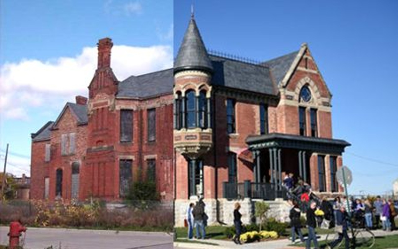 Ransom Gillis House
2011 and 2017
Once an enclave for Detroit's wealthy elite, the neighborhood of Brush Park and its victorian mansions were suffering by the 1930s.  Built in the late 1870s, the Ransom Gillis House is one of the last remaining houses on Alfred Street, which was all but abandoned after the WWII. Before 2015, all attempts of renovating were not successful. In 2015, Nicole Curtis began renovations on the home, which has since attracted many tourists into its lavish quarters. 
Photo via www.detroityes.com 
Photo via www.Mlive.com 