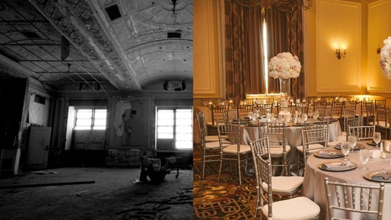The Fort Shelby Hotel Ballroom
2006 and 2017
This hotel opened in 1916 and doubled in size 10 years later. After changing hands multiple times the building was abandoned in 1974, but was added to the National Register of Historic Places in 1983. The hotel was known for its crystal ballroom, which held many concerts, weddings, and special events. Thankfully, the hotel was bought in 2007 and underwent a $90 million renovation in just one year. Now, the Doubletree Guest Suites carries on the tradition. 
Photos via historicdetroit.com and weddingwire.com 