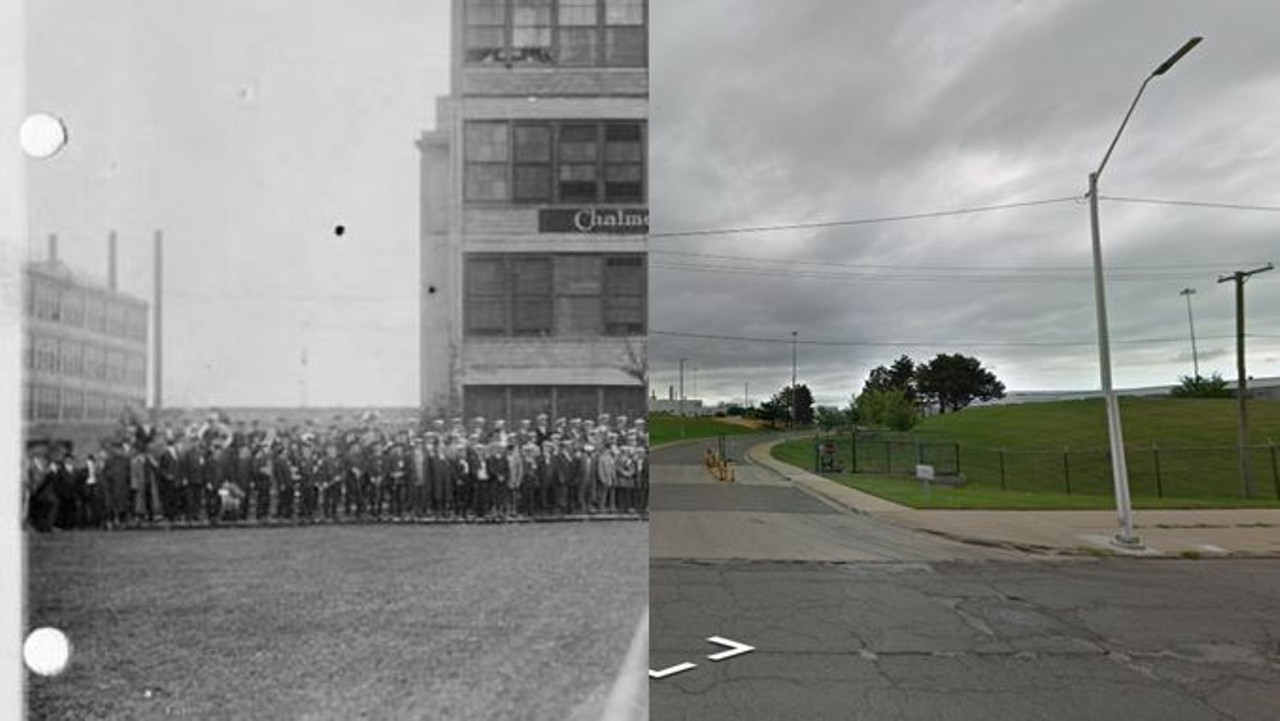 Chalmers Motor Company
1908 and 2018
Chalmers debuted in 1908 with a popular line of low-price cars. A new factory was built along the south side of Jefferson Avenue in 1907, and though the company enjoyed strong sales early on, it was eventually bought out by Maxwell in 1922, which itself was absorbed by Chrysler in 1924. In later years, the Chalmers plant was used for final assembly of Chrysler cars and trucks, until it was demolished in 1991. 
Photo via www.detroityes.com 
Photo via Google Maps 