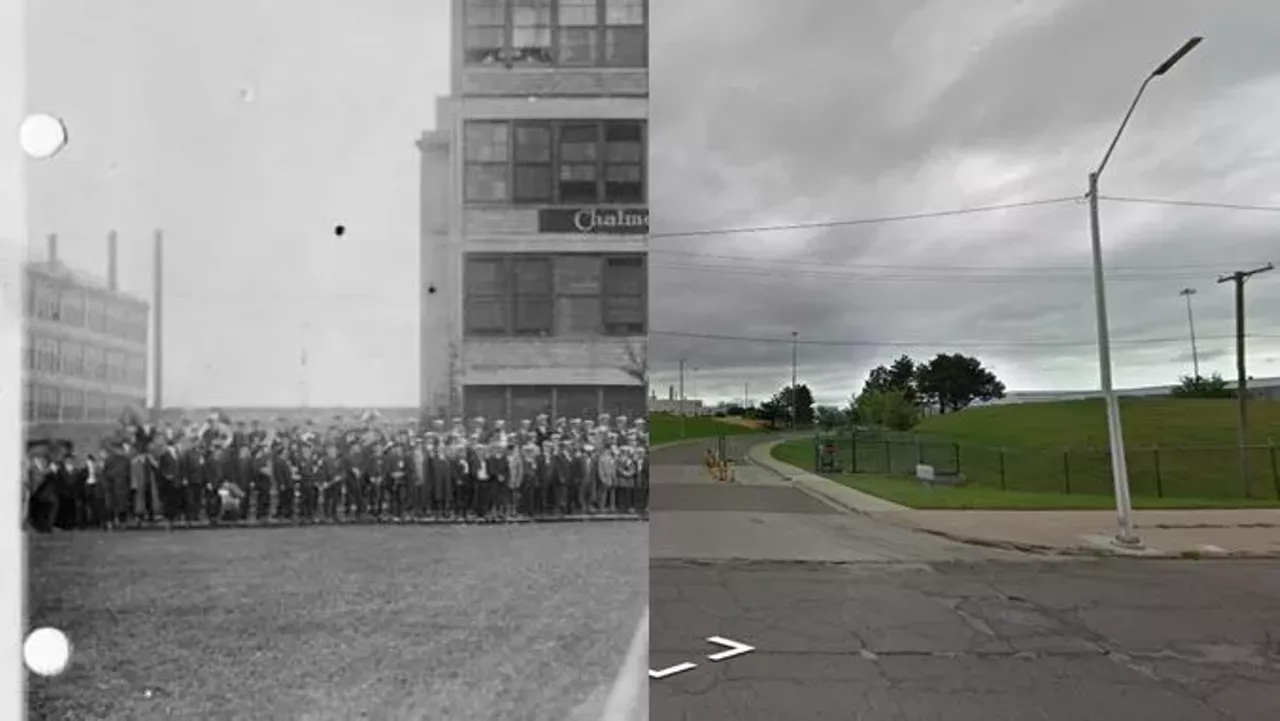 Chalmers Motor Company 1908 and 2018 Chalmers debuted in 1908 with a popular line of low-price cars. A new factory was built along the south side of Jefferson Avenue in 1907, and though the company enjoyed strong sales early on, it was eventually bought out by Maxwell in 1922, which itself was absorbed by Chrysler in 1924. In later years, the Chalmers plant was used for final assembly of Chrysler cars and trucks, until it was demolished in 1991. Photo via www.detroityes.com Photo via Google Maps 