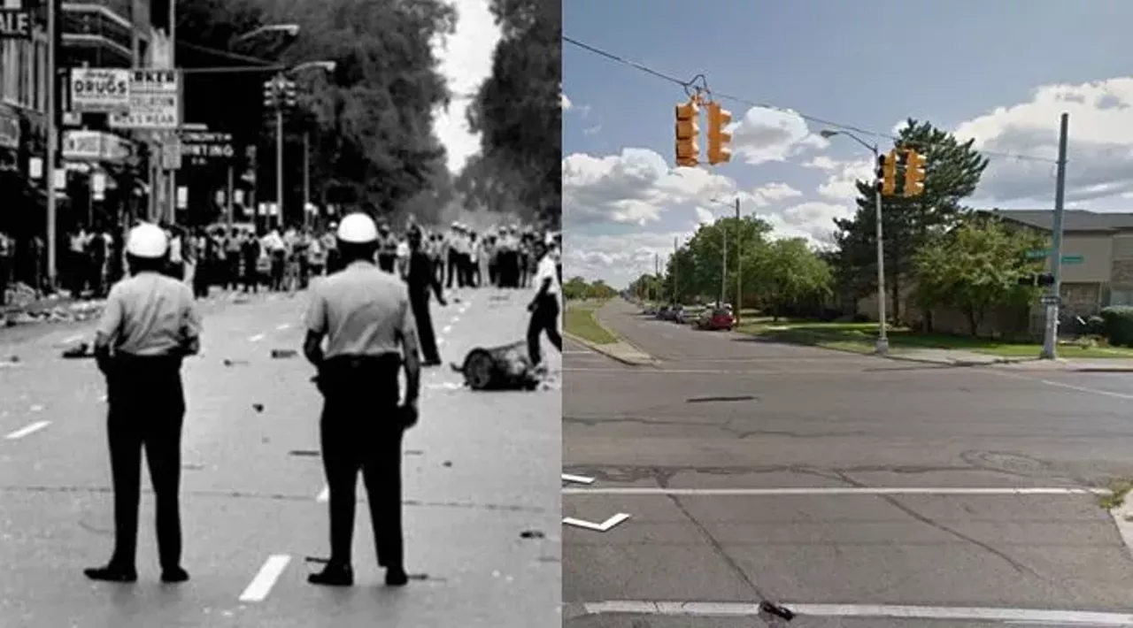12th Street/Rosa Parks Boulevard 1967 and 2018. Racial tensions boiled over again in July of 1967 after a botched raid by the Detroit Police Department on an after-hours bar located at 12th Avenue (Rosa Parks Boulevard) and Clairmount Street. In the picture above, looters ransack businesses along 12th Avenue in the early hours of the riot. Today, the same intersection is a residential neighborhood. Photo via the Detroit Free Press Photo via Google Maps 