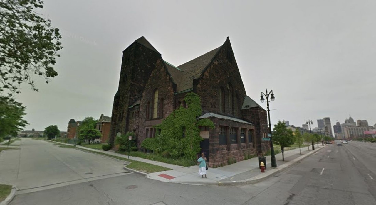 Then &#150; 2011
2870 Woodward Ave.; Detroit
Opened in 1890, First Unitarian Church was one of the city&#146;s oldest churches. The church once boasted three round-arched stained-glass windows by John La Farge, who designed the windows of Trinity Church in Boston.
Photo &copy;Google 2019