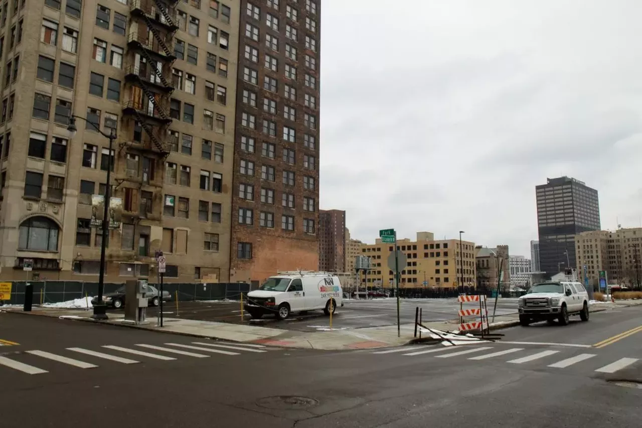 Now &#150; 2019 2029 Park Ave.; Detroit Despite being protected by the Park Avenue Historic District, the building was deemed a hazard in 2012 when bricks began to fall off the facade. In 2013, a judge ordered the demolition of the building at the expense of then-owner Ralph Sachs, an infamous Detroit landlord. Photo by Will Feuer